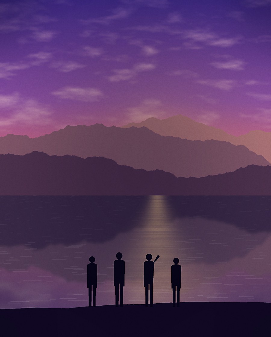 Four friends watching the sunset over an alpine lake, on the cover of a keepsi photo book
