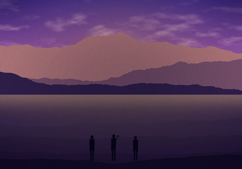 Three figures on a ridge at sunset